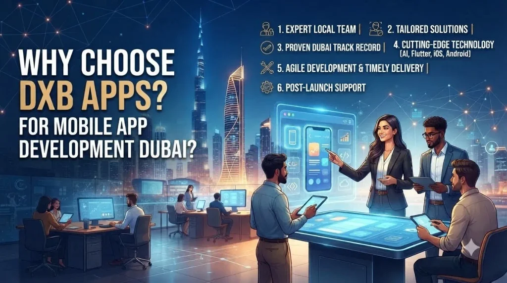 Infographic highlighting six key benefits of choosing DXB APPS for mobile app development in Dubai, set against a Dubai skyline background with a team working on digital interfaces.