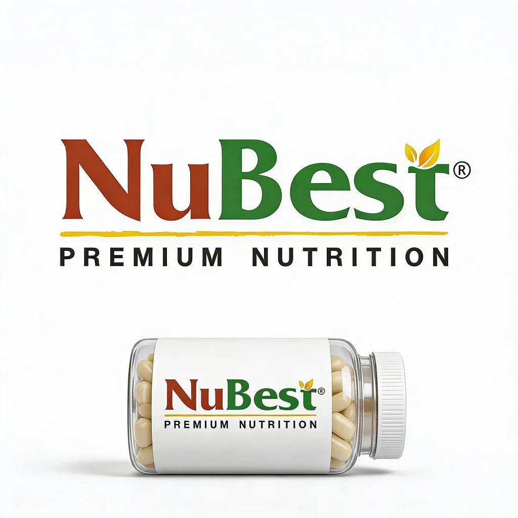 Transparent bottle of NuBest Premium Nutrition capsules positioned below the company logo.
