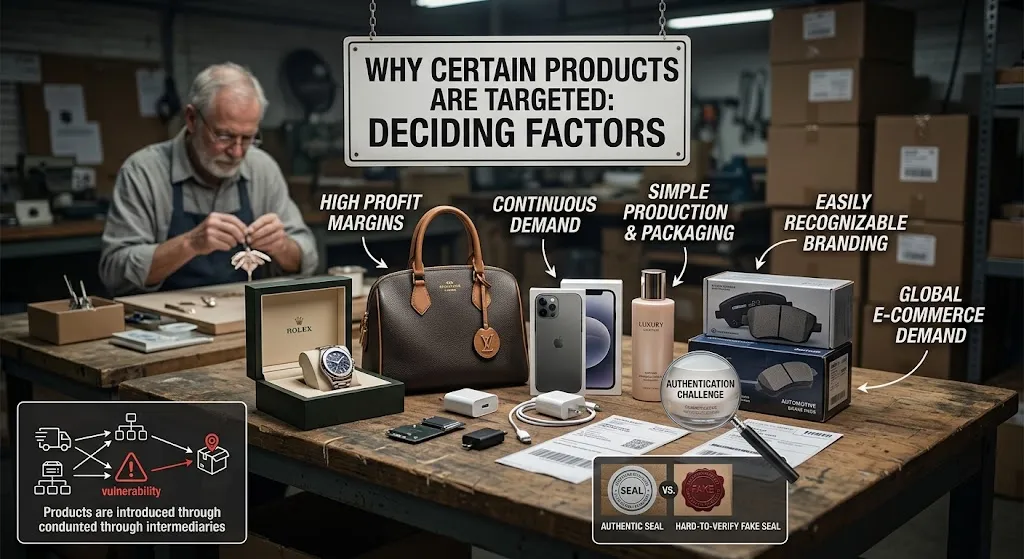 An educational workshop scene displaying key reasons counterfeiters target specific products. On a wooden table sit targeted goods—a luxury watch, designer handbag, smartphone, cosmetic bottle, and auto brake pads—with descriptive labels such as "High Profit Margins," "Continuous Demand," and "Simple Production." A supply chain diagram and magnifying glass highlight authentication challenges.
