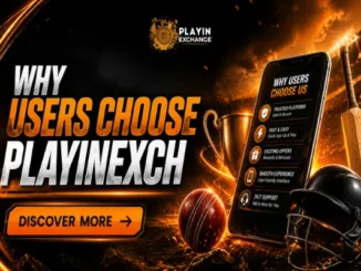 Playinexch online gaming promotional banner displaying sports equipment like a cricket ball, bat, and helmet next to a smartphone featuring key user benefits.