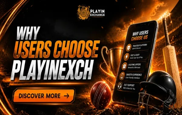 Playinexch online gaming promotional banner displaying sports equipment like a cricket ball, bat, and helmet next to a smartphone featuring key user benefits.