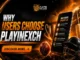 Playinexch online gaming promotional banner displaying sports equipment like a cricket ball, bat, and helmet next to a smartphone featuring key user benefits.