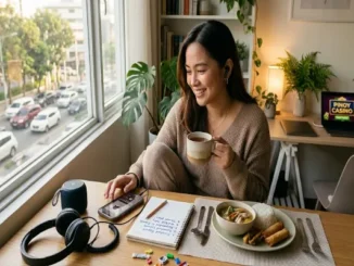 A smiling young Asian woman sitting at a sunlit wooden desk by a window, enjoying a warm mug, listening to music, and taking a relaxing break with a meal and notebook in front of her.