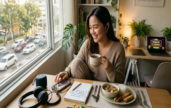 A smiling young Asian woman sitting at a sunlit wooden desk by a window, enjoying a warm mug, listening to music, and taking a relaxing break with a meal and notebook in front of her.