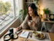 A smiling young Asian woman sitting at a sunlit wooden desk by a window, enjoying a warm mug, listening to music, and taking a relaxing break with a meal and notebook in front of her.