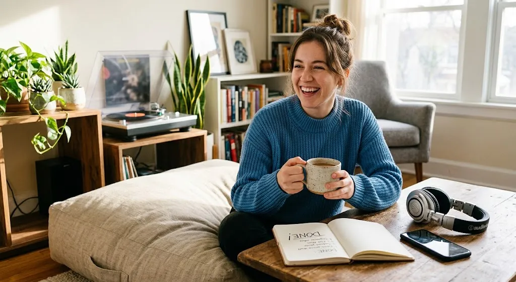 A smiling young woman in a cozy blue knit sweater sitting on a floor cushion in a sunny room, holding a ceramic coffee mug. On a low wooden table in front of her rests an open notebook displaying a handwritten "DONE!" list, silver over-ear headphones, and a smartphone. Houseplants and a vinyl record player are visible on a shelf in the soft-focus background.