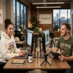 Two designers sitting at their desks in a modern office studio reviewing and creating merchandise, with a man wearing an olive green Zach Bryan American Heartbreak Tour graphic t-shirt and a woman in a white hoodie.