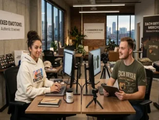 Two designers sitting at their desks in a modern office studio reviewing and creating merchandise, with a man wearing an olive green Zach Bryan American Heartbreak Tour graphic t-shirt and a woman in a white hoodie.