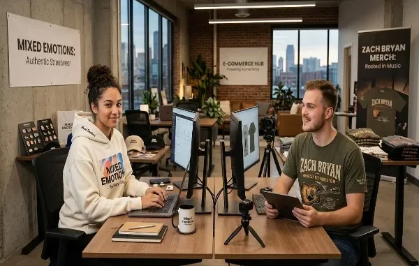 Two designers sitting at their desks in a modern office studio reviewing and creating merchandise, with a man wearing an olive green Zach Bryan American Heartbreak Tour graphic t-shirt and a woman in a white hoodie.