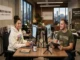 Two designers sitting at their desks in a modern office studio reviewing and creating merchandise, with a man wearing an olive green Zach Bryan American Heartbreak Tour graphic t-shirt and a woman in a white hoodie.