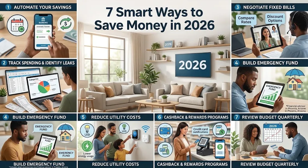 An infographic titled "7 Smart Ways to Save Money in 2026" featuring a collage of modern, realistic scenes illustrating practical personal finance tips: automating bank savings, tracking expenses on a laptop, negotiating bills online, growing an emergency fund, adjusting a smart thermostat for energy savings, earning cashback on purchases, and a couple reviewing a quarterly budget together.