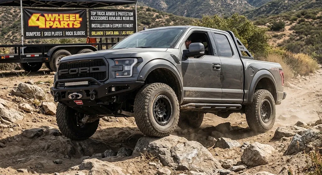 A gray Ford F-150 Raptor equipped with off-road armor, heavy-duty steel front bumper, winch, skid plate, and rock sliders driving over a rocky trail with a 4 Wheel Parts display in the background.