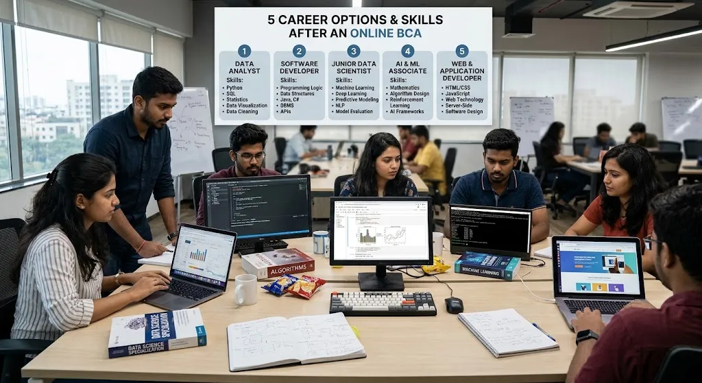 A realistic modern office setting with diverse technology students and professionals collaborating around laptops, code editors, data visualization dashboards, and study materials, accompanied by an overlay infographic detailing 5 career options after an online BCA: Data Analyst, Software Developer, Junior Data Scientist, AI & ML Associate, and Web & Application Developer along with their required skills.