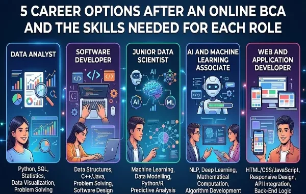 Infographic displaying 5 career options after an online BCA: Data Analyst, Software Developer, Junior Data Scientist, AI and Machine Learning Associate, and Web and Application Developer, along with key skills required for each.