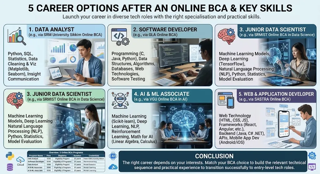 Infographic summarizing 5 career options after an online BCA degree—Data Analyst, Software Developer, Junior Data Scientist, AI & ML Associate, and Web & Application Developer—along with key required skills and program options.