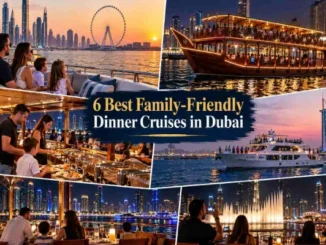 A collage showing various family-friendly dinner cruise experiences in Dubai, including luxury yachts, traditional dhow boats, buffet dining, and views of Ain Dubai, Burj Al Arab, and the Dubai Fountain.