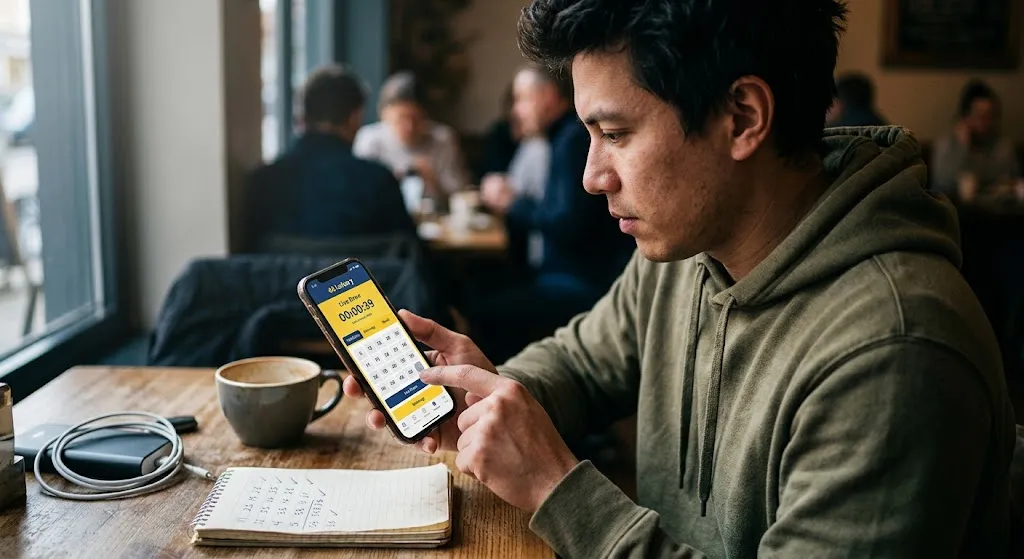 A person in a cafe holding a smartphone showing an online lottery prediction app interface.