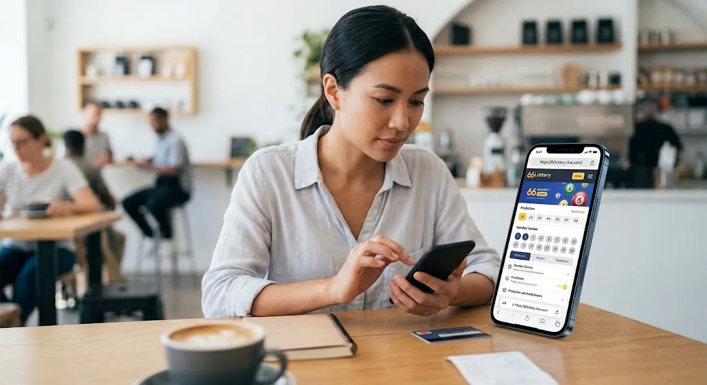 A modern, realistic photo of a young woman in a bright coffee shop reviewing an online gaming and prediction interface on a smartphone screen, with a cup of coffee and notebook on the table.
