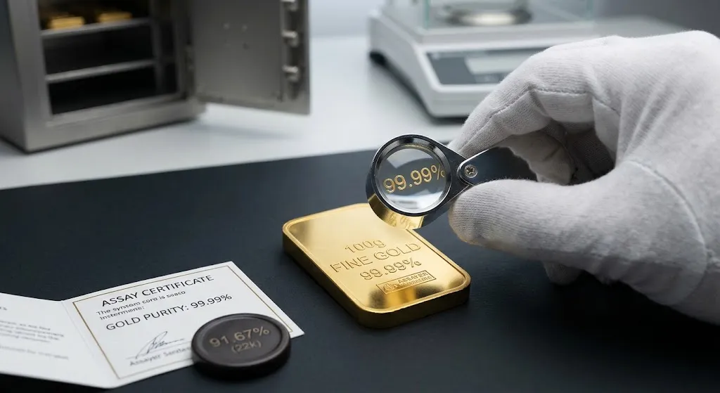An infographic guide detailing 7 essential tips for choosing quality gold bars for investment, including gold purity, comparing market spot rates, verifying seller credentials, selecting bar weight, authenticating hallmarks, secure vault storage, and local Dubai gold market conditions.