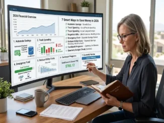 A woman reviews her 2026 financial dashboard on an ultra-wide monitor, which displays a comprehensive list of "7 Smart Ways to Save Money."