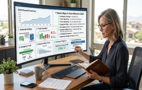 A woman reviews her 2026 financial dashboard on an ultra-wide monitor, which displays a comprehensive list of "7 Smart Ways to Save Money."