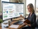 A woman reviews her 2026 financial dashboard on an ultra-wide monitor, which displays a comprehensive list of "7 Smart Ways to Save Money."