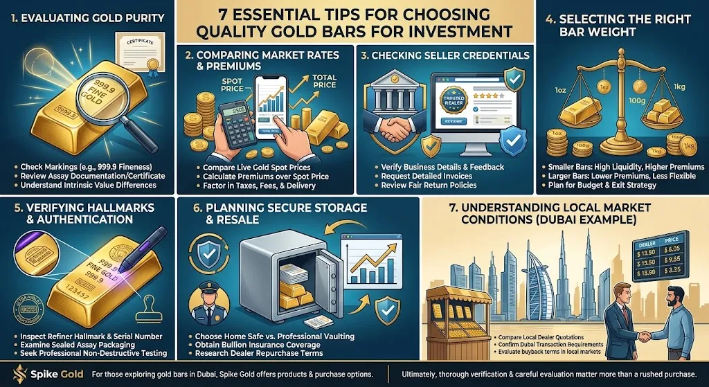 A comprehensive infographic titled "7 Essential Tips for Choosing Quality Gold Bars for Investment," divided into seven numbered panels. Each panel combines detailed illustrations with bulleted advice based on the provided guide.