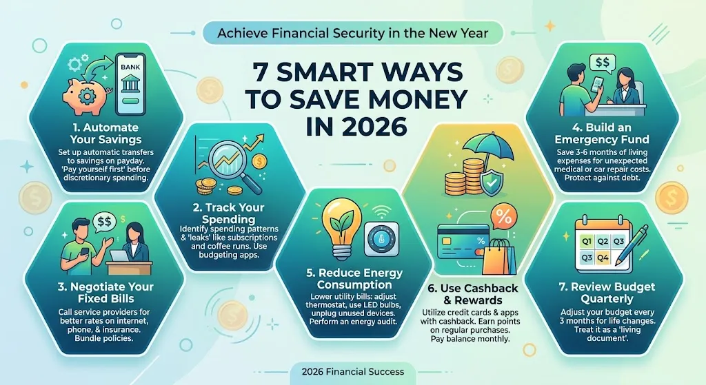 An infographic titled "7 Smart Ways to Save Money in 2026," featuring seven hexagonal panels with illustrations and text. The points are: 1. Automate Your Savings (piggy bank, phone), 2. Track Your Spending (magnifying glass, coins), 3. Negotiate Your Fixed Bills (people at desk, phone), 4. Build an Emergency Fund (umbrella, coin stack), 5. Reduce Energy Consumption (lightbulb, thermostat), 6. Use Cashback & Rewards (credit card, shopping bag), and 7. Review Budget Quarterly (calendar, pen). The overall theme is blue and green, with the header "Achieve Financial Security in the New Year" and footer "2026 Financial Success".