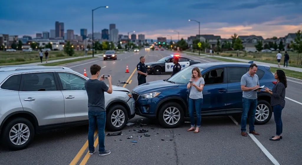 A realistic photograph of a two-car accident scene at dusk on a multi-lane road near the Denver skyline. The blue and silver SUVs are stopped mid-lane. In the foreground, a man uses his smartphone to take pictures of the damage. Beside him, a woman with an injury on her arm makes an emergency call on her phone. Behind the blue SUV, two police officers are standing near a marked patrol car with flashing lights, beginning their investigation. The scene visualizes the multiple required actions immediately following a crash.