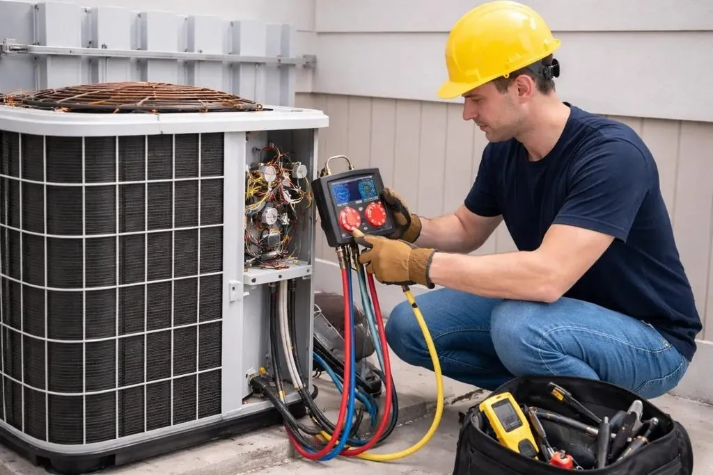 Professional HVAC technician in a safety helmet testing and servicing an outdoor air conditioning unit.