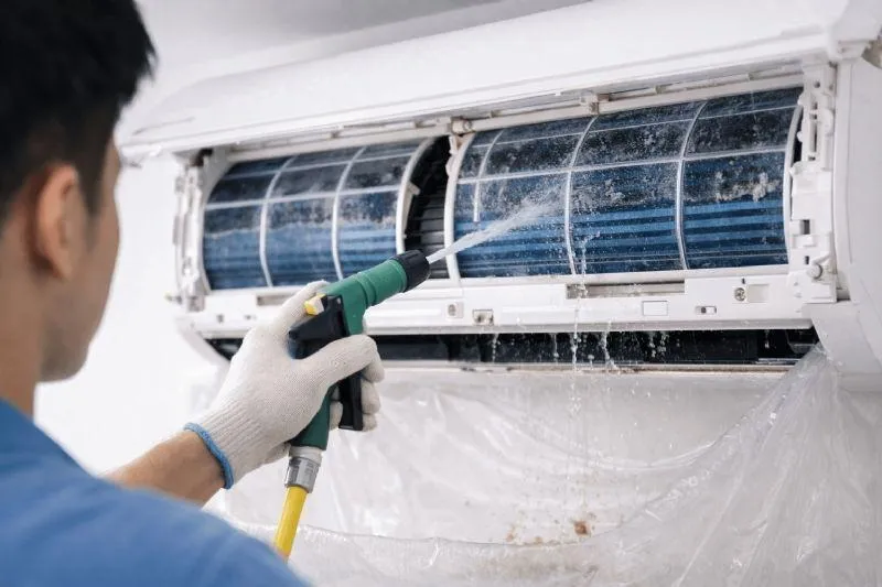 Professional technician pressure washing dirty indoor split AC unit filters and coils during a deep cleaning service in Dubai.