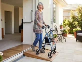 An active senior woman with short grey hair smiling while using a modern blue rollator walker to cross a low-threshold wood ramp leading from her open doorway onto a sunny patio.