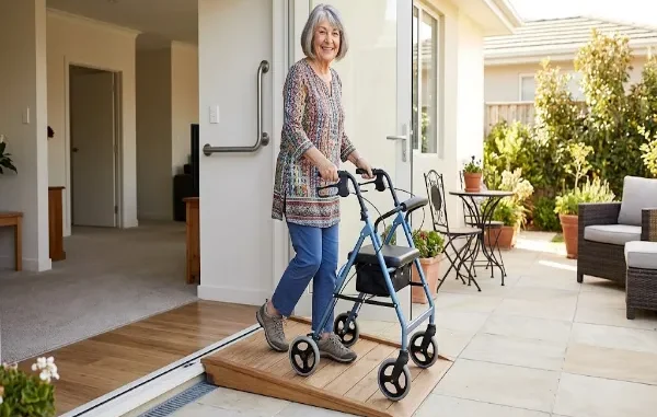An active senior woman with short grey hair smiling while using a modern blue rollator walker to cross a low-threshold wood ramp leading from her open doorway onto a sunny patio.