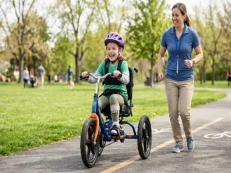 A young girl with leg braces smiling while riding a bright blue adaptive tricycle in a park, accompanied by a female physical therapist running alongside her on a paved path.