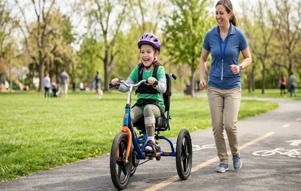 A young girl with leg braces smiling while riding a bright blue adaptive tricycle in a park, accompanied by a female physical therapist running alongside her on a paved path.