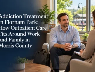 A man in business casual attire sitting comfortably during a supportive outpatient therapy session in a bright office in Florham Park, NJ.