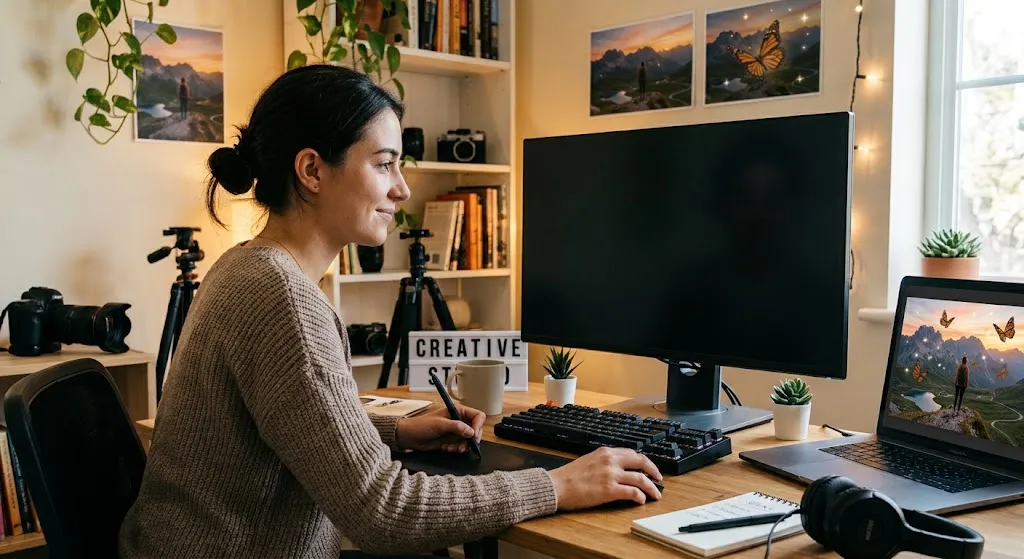 A female photo editor adding subtle butterfly graphics to a landscape picture on a laptop screen in her studio.