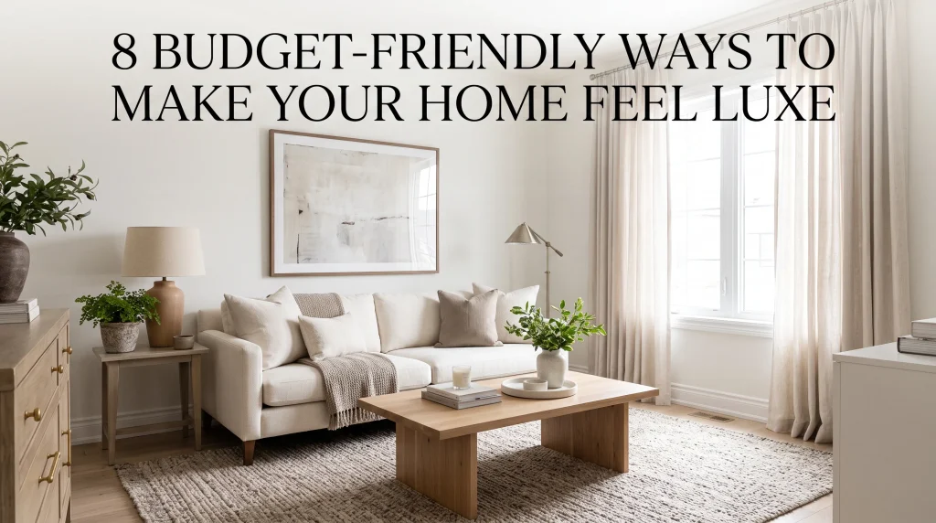 Neutral living room interior with floor-to-ceiling drapes, modern wooden coffee table, and beige sofa, featuring the text "8 Budget-Friendly Ways To Make Your Home Feel Luxe."