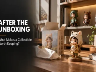 A freshly unboxed collectible figure wearing an animal hood sitting next to its artwork box, crumpled packaging paper, and displayed figurines on a wooden shelf in a sunlit room. On the left, overlay text reads "AFTER THE UNBOXING: What Makes a Collectible Worth Keeping?"