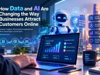 A person using a laptop displaying an AI customer insights dashboard with modern data visualization metrics, alongside a futuristic glowing blue robot assistant.