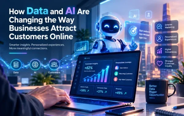 A person using a laptop displaying an AI customer insights dashboard with modern data visualization metrics, alongside a futuristic glowing blue robot assistant.