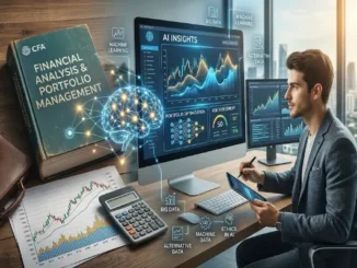 A financial analyst working on a computer displaying AI insights, market analytics, portfolio optimization, and machine learning models alongside a CFA textbook.