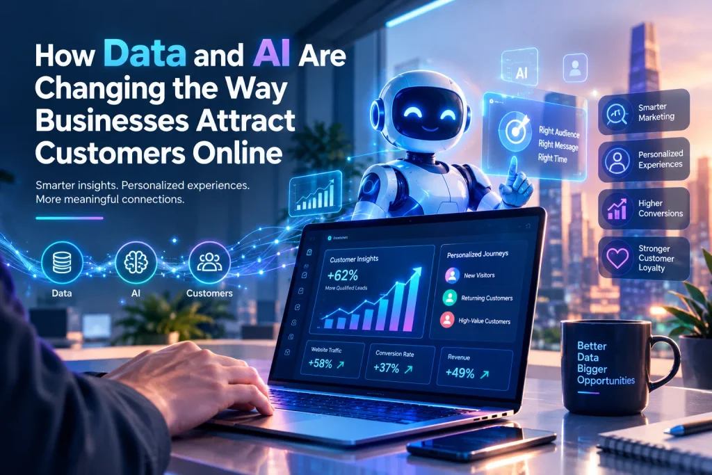 Digital marketing dashboard on a laptop showing AI-driven customer acquisition metrics and data growth statistics.