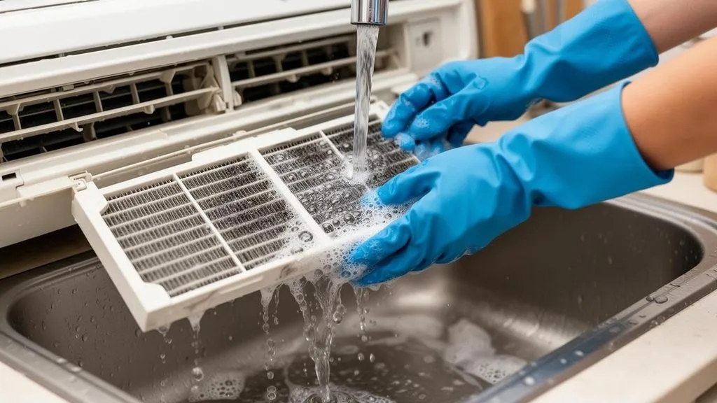 A technician wearing blue protective gloves washing a dirty air conditioner mesh filter under running water in a sink.