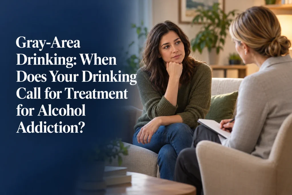 Woman discussing alcohol use and gray-area drinking habits with a therapist taking notes during a consultation.