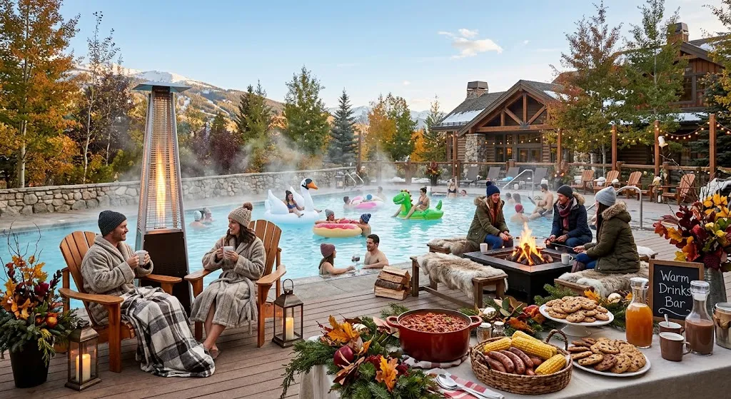 A wide-angle, sunlit photograph of a luxurious outdoor heated pool at an alpine lodge in winter. Guests are enjoying the steaming water, many wearing beanies, alongside colorful inflatable floats (swan, dinosaur, donuts). In the foreground, other guests relax in robes by tall patio heaters and a crackling fire pit, while a table is laden with a generous spread of seasonal comfort foods like a large pot of chili, cookies, grilled corn, and sausages. The background features a rustic wood and stone lodge and a view of snow-capped mountains under a blue sky.
