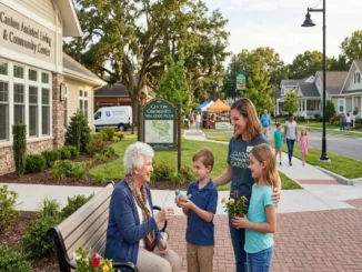 An elderly woman sitting on a park bench outside a modern assisted living community center in Canton, GA, smiling while interacting with two young children and a volunteer in a lively neighborhood setting with walking paths and local shops in the background.