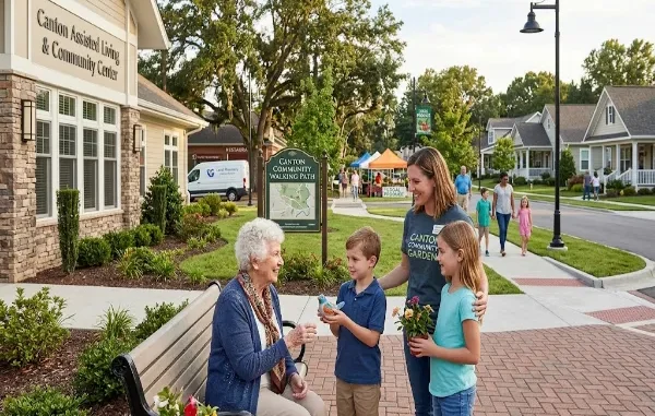 An elderly woman sitting on a park bench outside a modern assisted living community center in Canton, GA, smiling while interacting with two young children and a volunteer in a lively neighborhood setting with walking paths and local shops in the background.