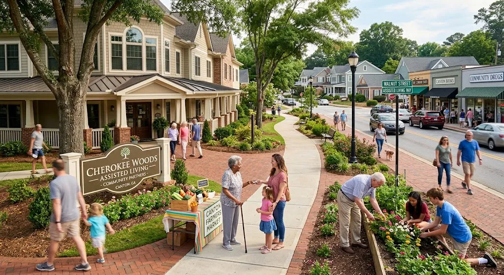 A vibrant neighborhood scene showcasing an assisted living community in Canton, GA integrated into a lively town center, with seniors and local residents interacting at a farmers market stall, gardening together, and walking along brick sidewalks past local shops.