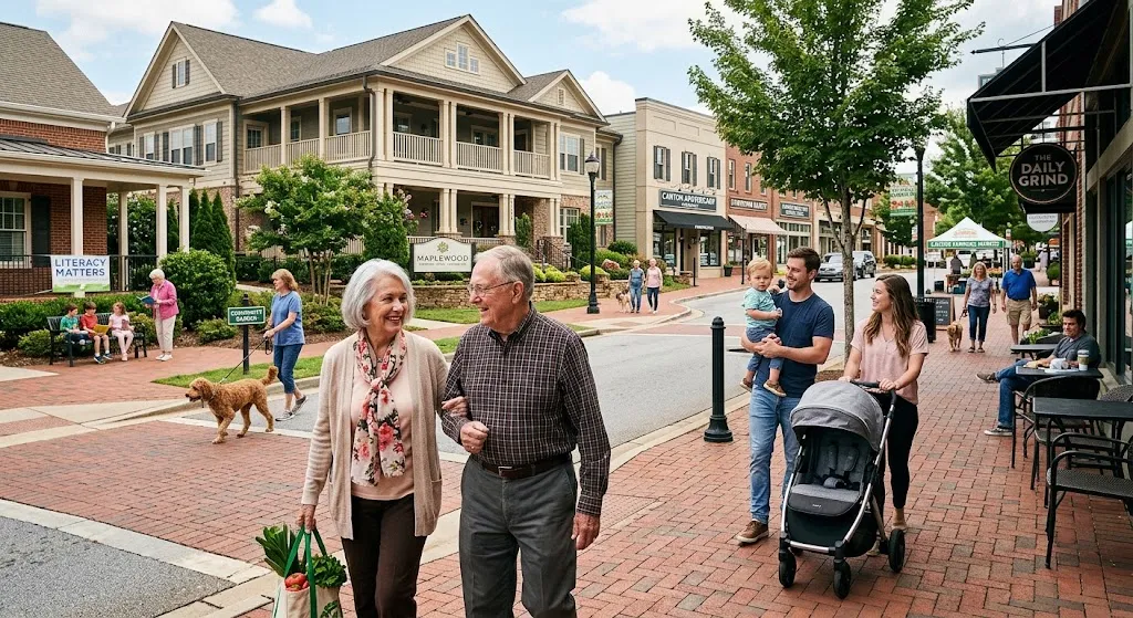 A vibrant, walk-able neighborhood street scene showing an active senior couple stroll past local shops, a park, and an attractive assisted living facility in the background, interacting with a family with a stroller.